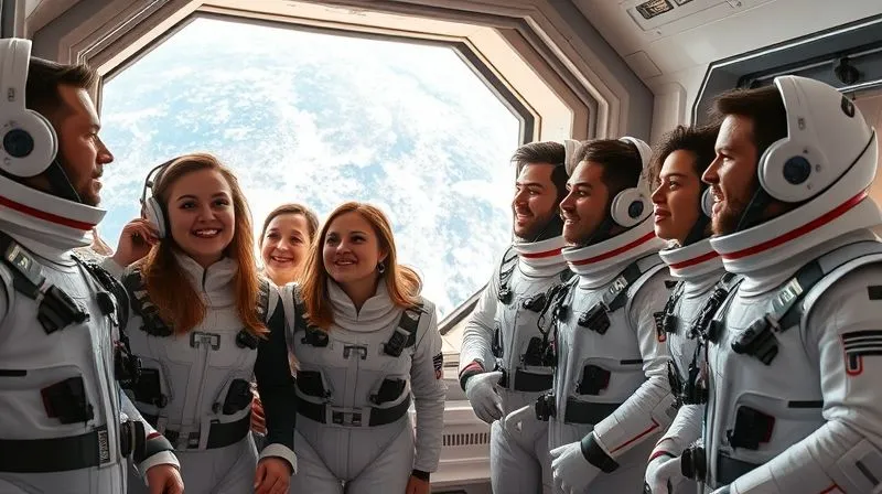 A photorealistic image of a diverse group of individuals in futuristic, sleek space suits, looking out a large window at Earth from a space station. They appear excited but also a little apprehensive, emphasizing the human element of space tourism, 8K, cinematic lighting, professional photography, sharp focus.