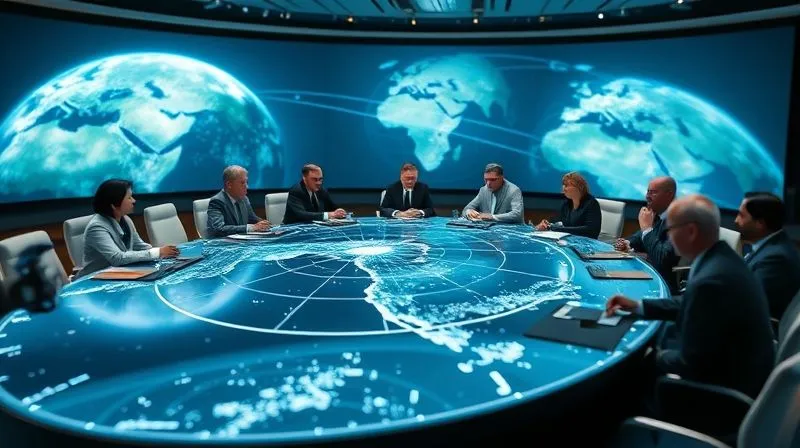 A photorealistic image of a futuristic conference table, glowing with holographic projections of Earth and orbital paths, surrounded by a diverse group of international delegates in professional attire, engaged in serious discussion. The setting conveys global cooperation and the future of space governance, 8K, cinematic lighting, sharp focus on the delegates, depth of field blurring the projections.
