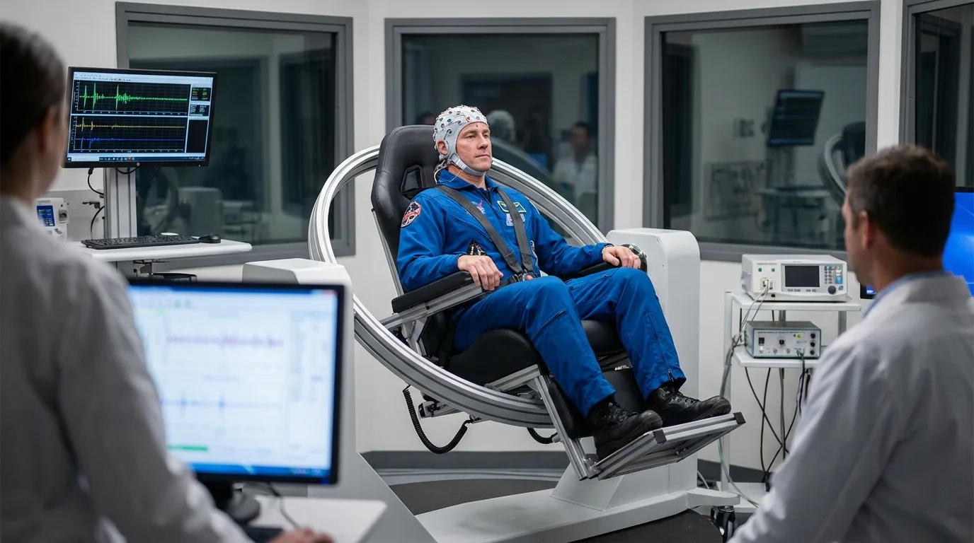 Astronaut candidate performing pre-flight vestibular training to minimize the effects of space sickness.