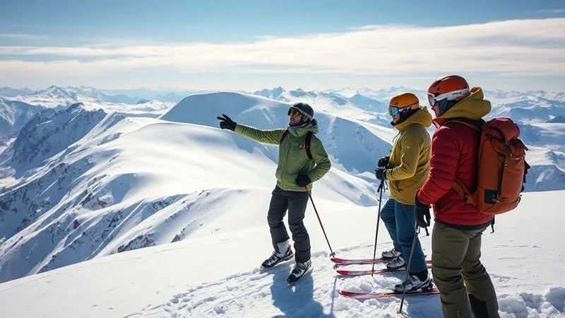 photorealistic, professional photography, 8K, cinematic lighting, sharp focus, depth of field, shot on a high-end DSLR. A small group of heli-skiers and their guide paused on a pristine, snow-covered ridge line. The guide is pointing towards a distant slope, engaging in a serious discussion with the skiers, who are looking intently at the terrain. The vastness of the remote backcountry is evident, emphasizing the importance of their collective decision-making. photorealistic, professional photography, 8K, cinematic lighting, sharp focus, depth of field, shot on a high-end DSLR. A small group of heli-skiers and their guide paused on a pristine, snow-covered ridge line. The guide is pointing towards a distant slope, engaging in a serious discussion with the skiers, who are looking intently at the terrain. The vastness of the remote backcountry is evident, emphasizing the importance of their collective decision-making.