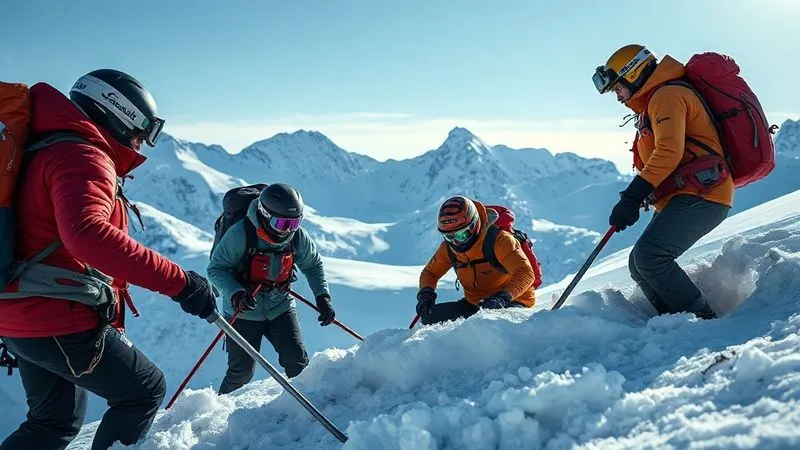 photorealistic, professional photography, 8K, cinematic lighting, sharp focus, depth of field, shot on a high-end DSLR. A dramatic, action-oriented scene of a simulated avalanche rescue. Two heli-skiers are rapidly probing dense snow, guided by transceiver signals, while another is efficiently shoveling. A professional guide oversees the operation, conveying urgency and expertise. Remote, snow-capped mountains form the backdrop. photorealistic, professional photography, 8K, cinematic lighting, sharp focus, depth of field, shot on a high-end DSLR. A dramatic, action-oriented scene of a simulated avalanche rescue. Two heli-skiers are rapidly probing dense snow, guided by transceiver signals, while another is efficiently shoveling. A professional guide oversees the operation, conveying urgency and expertise. Remote, snow-capped mountains form the backdrop.