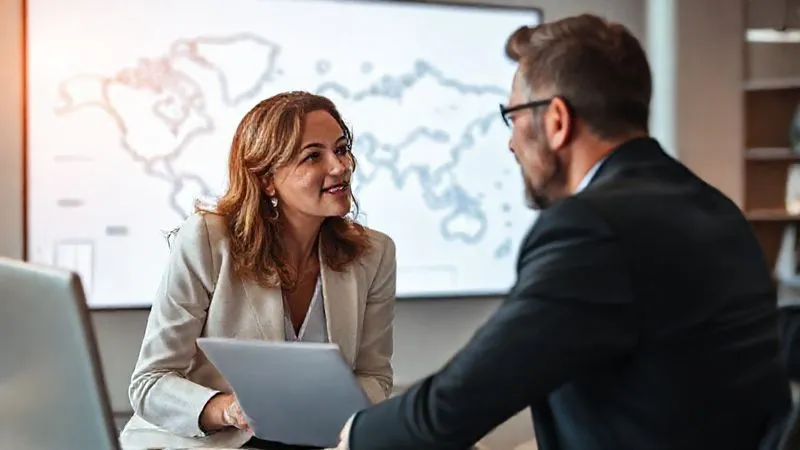 A photorealistic image of a sophisticated travel advisor having a deep, engaged conversation with an elite client in a luxurious, minimalist office. Both are leaning forward, engaged, with a half-sketched world map or mind map on a large screen in the background, symbolizing bespoke planning. Cinematic lighting, sharp focus on their expressions, depth of field blurring the background. 8K hyper-detailed, professional photography, warm tones. A photorealistic image of a sophisticated travel advisor having a deep, engaged conversation with an elite client in a luxurious, minimalist office. Both are leaning forward, engaged, with a half-sketched world map or mind map on a large screen in the background, symbolizing bespoke planning. Cinematic lighting, sharp focus on their expressions, depth of field blurring the background. 8K hyper-detailed, professional photography, warm tones.