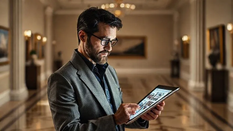 A photorealistic, professional photography shot of a luxury travel expert meticulously reviewing detailed dossiers and digital profiles of potential local partners and exclusive venues on a tablet, with a backdrop of a beautifully appointed, empty private art gallery bathed in soft, natural light, symbolizing exclusive access vetting. Cinematic lighting, sharp focus on the tablet screen and the expert's discerning expression, depth of field blurring the elegant gallery. 8K hyper-detailed, sophisticated, discerning. A photorealistic, professional photography shot of a luxury travel expert meticulously reviewing detailed dossiers and digital profiles of potential local partners and exclusive venues on a tablet, with a backdrop of a beautifully appointed, empty private art gallery bathed in soft, natural light, symbolizing exclusive access vetting. Cinematic lighting, sharp focus on the tablet screen and the expert's discerning expression, depth of field blurring the elegant gallery. 8K hyper-detailed, sophisticated, discerning.