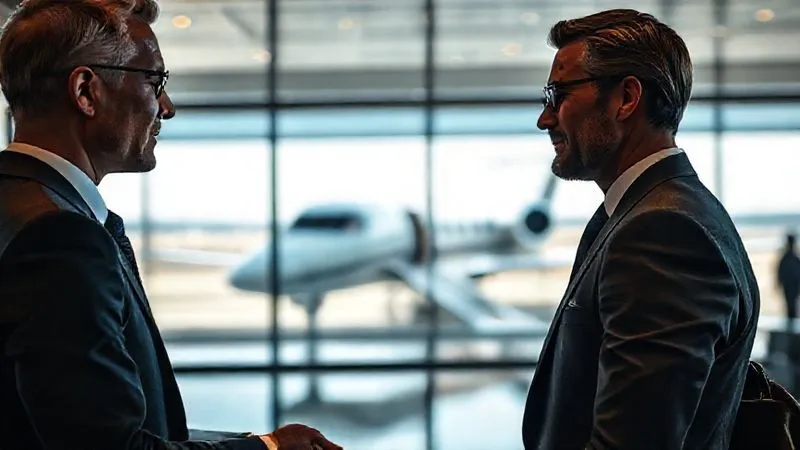 A photorealistic image of a discreet, impeccably dressed luxury concierge subtly assisting an elite client at a private airport lounge check-in, with a private jet visible through a large window in the background. The interaction is smooth and professional, focusing on efficiency and privacy. Cinematic lighting, sharp focus on the concierge's attentive gesture and the client's relaxed demeanor, depth of field blurring the luxurious lounge. 8K hyper-detailed, professional photography, air of quiet efficiency. A photorealistic image of a discreet, impeccably dressed luxury concierge subtly assisting an elite client at a private airport lounge check-in, with a private jet visible through a large window in the background. The interaction is smooth and professional, focusing on efficiency and privacy. Cinematic lighting, sharp focus on the concierge's attentive gesture and the client's relaxed demeanor, depth of field blurring the luxurious lounge. 8K hyper-detailed, professional photography, air of quiet efficiency.