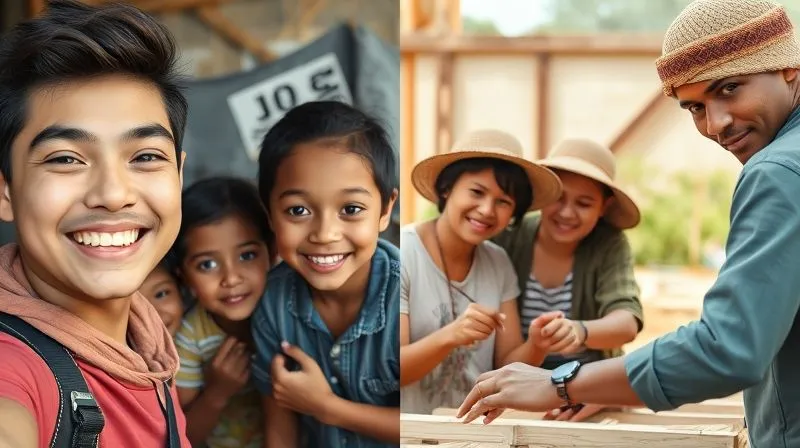 A photorealistic image depicting two contrasting scenes side-by-side. On the left, a young, smiling Western volunteer taking a selfie with local children, appearing superficial. On the right, a young, focused volunteer actively collaborating with local adults on a sustainable construction project, showing deep engagement and mutual respect. Cinematic lighting, 8K, sharp focus, depth of field. A photorealistic image depicting two contrasting scenes side-by-side. On the left, a young, smiling Western volunteer taking a selfie with local children, appearing superficial. On the right, a young, focused volunteer actively collaborating with local adults on a sustainable construction project, showing deep engagement and mutual respect. Cinematic lighting, 8K, sharp focus, depth of field.
