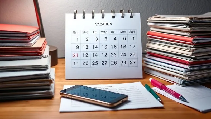 A photorealistic image of a highly organized desk calendar with vacation dates highlighted, surrounded by neatly stacked project folders, a checklist, and a smartphone clearly placed face down, symbolizing preparation for disconnection. Professional photography, 8K, cinematic lighting, sharp focus, depth of field. A photorealistic image of a highly organized desk calendar with vacation dates highlighted, surrounded by neatly stacked project folders, a checklist, and a smartphone clearly placed face down, symbolizing preparation for disconnection. Professional photography, 8K, cinematic lighting, sharp focus, depth of field.