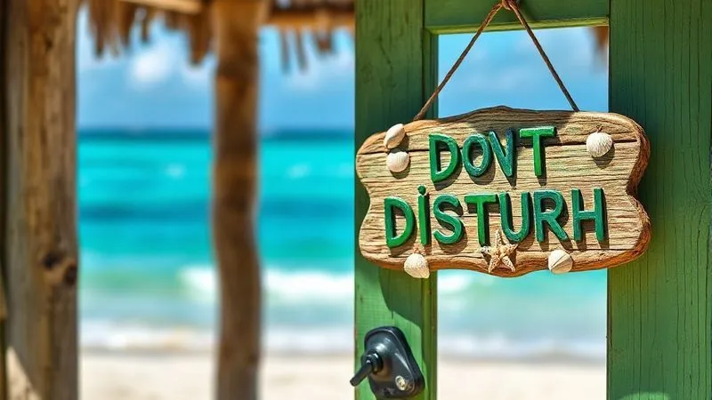 A photorealistic image of a vibrant green 'DO NOT DISTURB' sign made of natural materials like driftwood and seashells, hanging on a rustic beach hut door, with the clear blue ocean and white sand blurred in the background. Professional photography, 8K, cinematic lighting, sharp focus, depth of field. A photorealistic image of a vibrant green 'DO NOT DISTURB' sign made of natural materials like driftwood and seashells, hanging on a rustic beach hut door, with the clear blue ocean and white sand blurred in the background. Professional photography, 8K, cinematic lighting, sharp focus, depth of field.