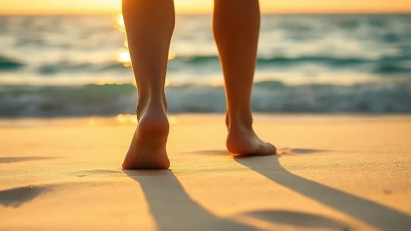 A photorealistic image from a low angle, showing bare feet walking slowly on pristine white sand towards the gentle waves of a turquoise ocean at sunset. The light is golden and warm, casting long shadows. Sharp focus on the feet and sand, depth of field blurring the horizon. Professional photography, 8K, cinematic lighting, emotionally resonant, evoking peace and presence. A photorealistic image from a low angle, showing bare feet walking slowly on pristine white sand towards the gentle waves of a turquoise ocean at sunset. The light is golden and warm, casting long shadows. Sharp focus on the feet and sand, depth of field blurring the horizon. Professional photography, 8K, cinematic lighting, emotionally resonant, evoking peace and presence.