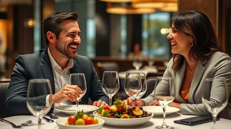 A photorealistic image of two business executives, one male and one female, sharing a genuine, relaxed laugh over a beautifully presented appetizer in an upscale, softly lit restaurant. Their body language is open and engaged, with crystal glassware and elegant tableware in the foreground. The scene conveys successful rapport building, 8K, cinematic lighting, sharp focus, depth of field, shot on a high-end DSLR.