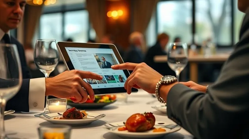 A photorealistic shot of a business professional subtly gesturing towards a key point on a tablet screen, held by a client, during a main course at an elegant restaurant. The table is impeccably set with gourmet food, and the interaction is focused yet relaxed, conveying a pivotal moment in a business discussion. 8K, cinematic lighting, sharp focus on the tablet and hands, depth of field, shot on a high-end DSLR.