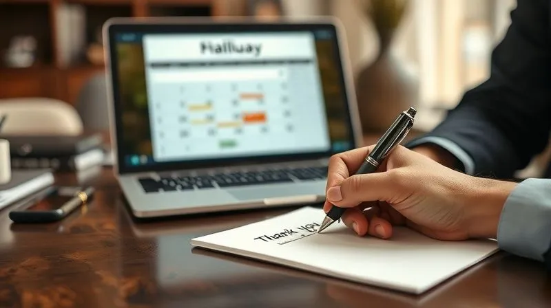 A photorealistic image of a professional's hand writing a personalized thank-you note on elegant stationery, next to a laptop displaying a calendar with a follow-up meeting scheduled. The background is a sophisticated office setting, conveying diligence and post-meeting action. 8K, cinematic lighting, sharp focus on the note and pen, depth of field, shot on a high-end DSLR.
