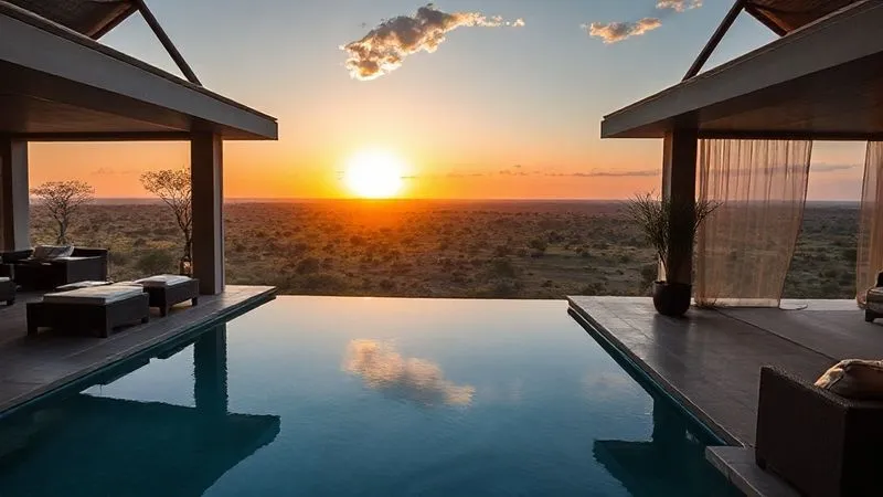 An incredibly secluded, architecturally stunning luxury safari lodge suite with panoramic views of the African savanna at sunrise, featuring a private infinity plunge pool, a comfortable outdoor lounge area, and subtle, elegant decor that blends with the natural surroundings, photorealistic, professional photography, 8K, cinematic lighting, sharp focus, depth of field, shot on a high-end DSLR. An incredibly secluded, architecturally stunning luxury safari lodge suite with panoramic views of the African savanna at sunrise, featuring a private infinity plunge pool, a comfortable outdoor lounge area, and subtle, elegant decor that blends with the natural surroundings, photorealistic, professional photography, 8K, cinematic lighting, sharp focus, depth of field, shot on a high-end DSLR.