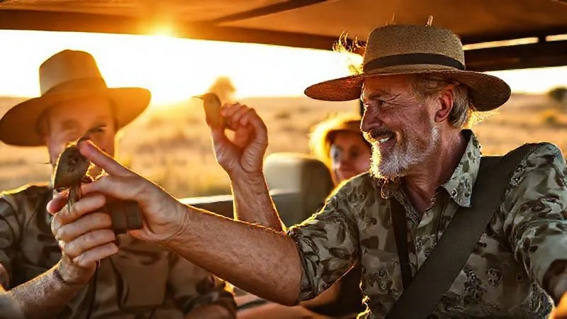 A highly experienced private safari guide, with a warm and knowledgeable expression, binoculars in hand, pointing out a rare bird to a small group of discerning clients in a luxury open-top safari vehicle. The scene is set at golden hour, with soft, directional light illuminating the guide's face and the excited clients, photorealistic, professional photography, 8K, cinematic lighting, sharp focus, depth of field, shot on a high-end DSLR. A highly experienced private safari guide, with a warm and knowledgeable expression, binoculars in hand, pointing out a rare bird to a small group of discerning clients in a luxury open-top safari vehicle. The scene is set at golden hour, with soft, directional light illuminating the guide's face and the excited clients, photorealistic, professional photography, 8K, cinematic lighting, sharp focus, depth of field, shot on a high-end DSLR.