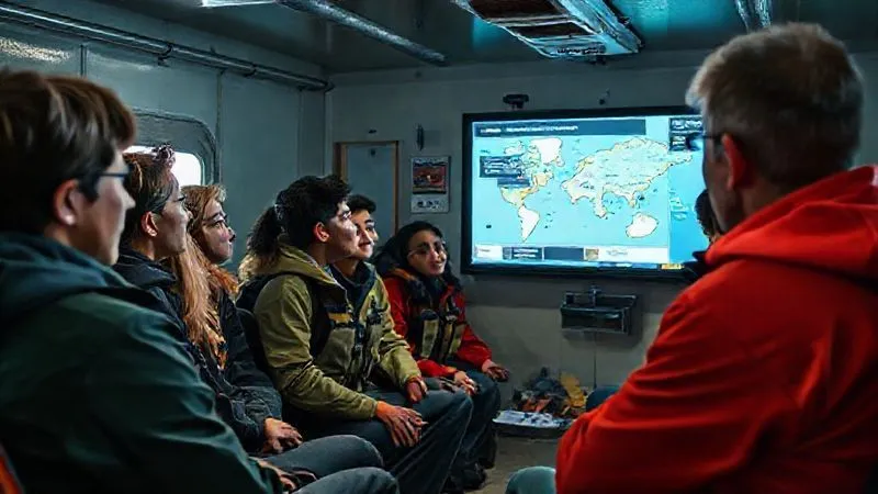 photorealistic, professional photography, 8K, cinematic lighting, sharp focus, depth of field, shot on a high-end DSLR. A diverse group of students actively participating in a pre-departure safety briefing, looking engaged and attentive, with a clear, reassuring instructor presenting a detailed map and safety protocols on a screen. The scene conveys competence and preparedness.