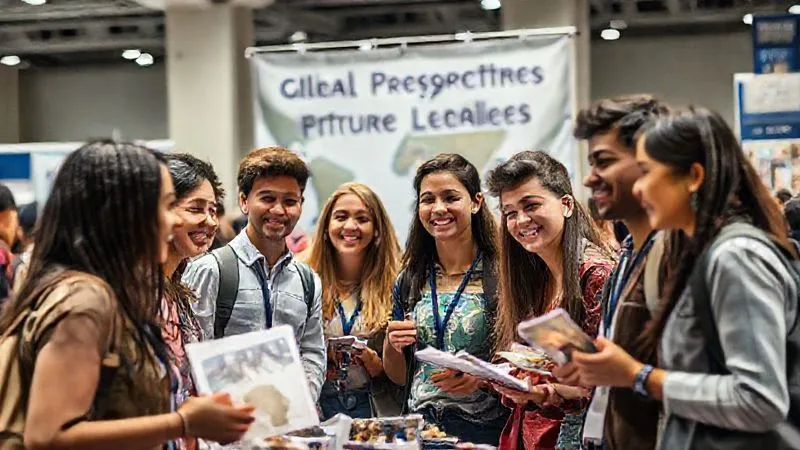 photorealistic, professional photography, 8K, cinematic lighting, sharp focus, depth of field, shot on a high-end DSLR. A diverse group of university students, engaged and smiling, presenting their travel experiences at a university fair, showcasing photos and artifacts. A banner behind them reads "Global Perspectives, Future Leaders." The scene is vibrant and inspiring.