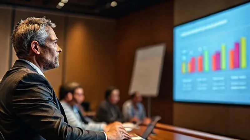photorealistic, professional photography, 8K, cinematic lighting, sharp focus, depth of field, shot on a high-end DSLR. A confident and articulate presenter, dressed professionally, making eye contact with a university board, gesturing towards a compelling slide displaying student success metrics. The atmosphere is professional and engaged, with a sense of positive progress.
