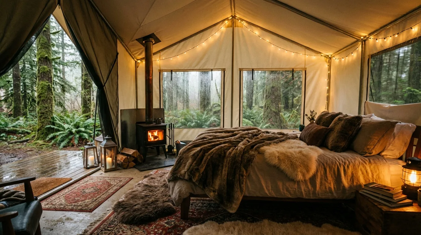 Cozy glamping interior: String lights, warm blankets, and the soothing sound of rain create a perfect escape.