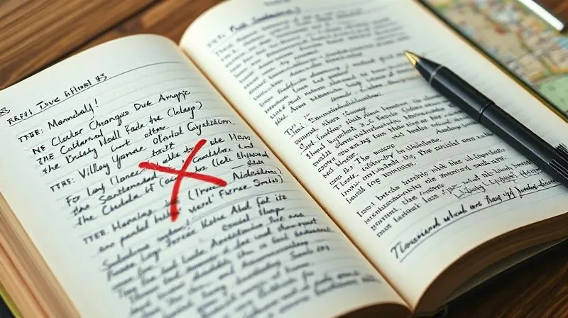 Photorealistic, professional photography, 8K, cinematic lighting, sharp focus, depth of field, shot on a high-end DSLR. A close-up of a well-worn travel journal open to a page with notes and sketches, a red 'X' marked over one entry, symbolizing a cancelled plan, next to a pen and a map, conveying the challenge of unexpected travel changes. The lighting is soft and contemplative. Photorealistic, professional photography, 8K, cinematic lighting, sharp focus, depth of field, shot on a high-end DSLR. A close-up of a well-worn travel journal open to a page with notes and sketches, a red 'X' marked over one entry, symbolizing a cancelled plan, next to a pen and a map, conveying the challenge of unexpected travel changes. The lighting is soft and contemplative.
