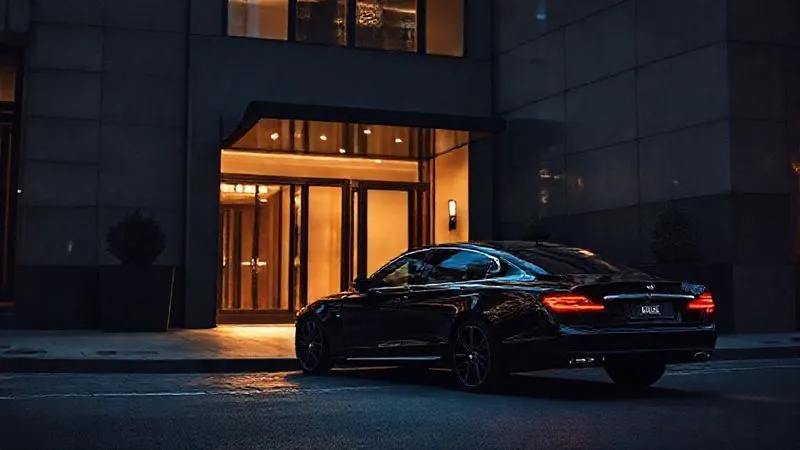 A photorealistic, professional photography shot of a sleek, dark luxury sedan pulling up to a discreet, dimly lit private entrance of a sophisticated building in a bustling city. The focus is on the car and the elegant architecture, with soft streetlights creating a sense of quiet arrival, 8K hyper-detailed, shot on a high-end DSLR.