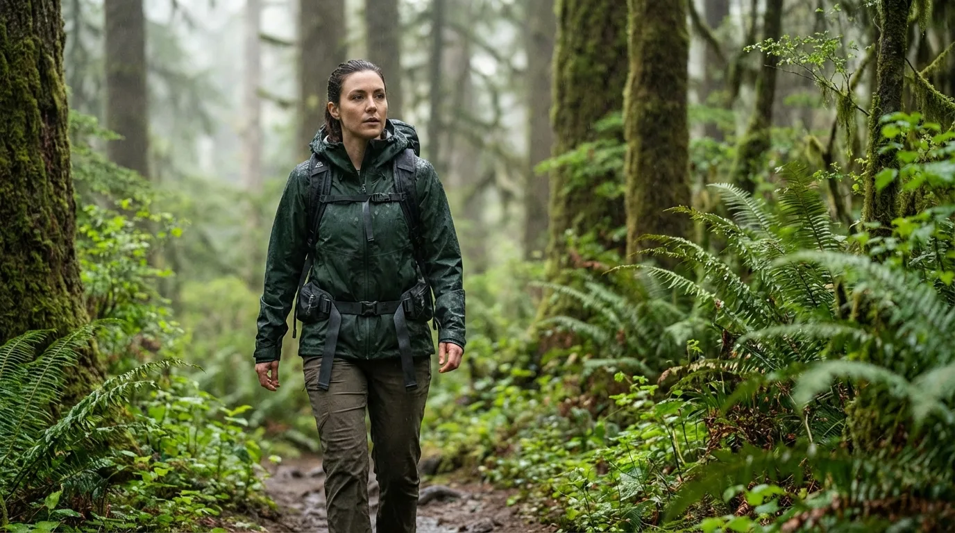 Embrace the PNW rain: Properly geared up, you can still enjoy hiking amidst the misty beauty of the Pacific Northwest.