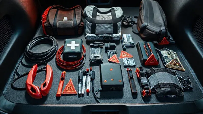A photorealistic, professional photography, 8K, cinematic lighting, sharp focus, depth of field, shot on a high-end DSLR image of a neatly organized accessible vehicle emergency kit laid out on a clean surface, featuring jumper cables, a first-aid kit, a power bank, reflective triangles, and a specialized wheelchair repair kit, all well-lit and clearly visible.