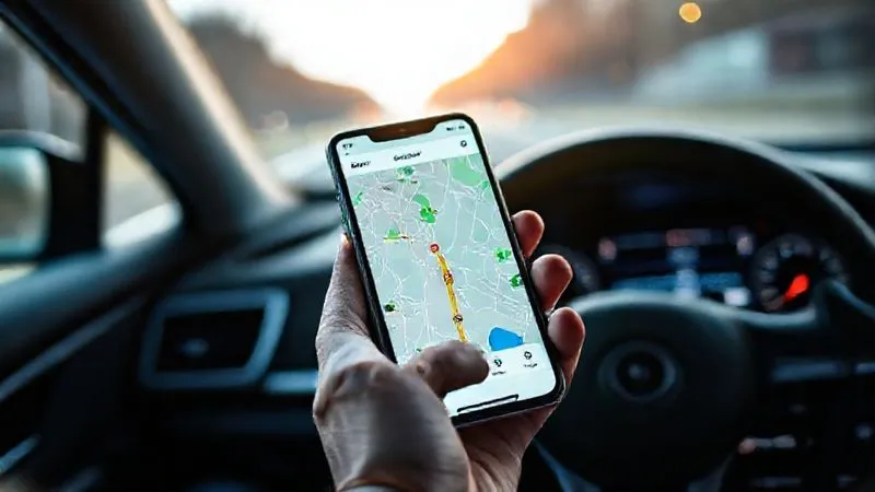 A photorealistic, professional photography, 8K, cinematic lighting, sharp focus, depth of field, shot on a high-end DSLR image of a hand holding a smartphone displaying a GPS map with a 'send location' option, next to a dashboard with a telematics system screen, implying technological assistance during a vehicle breakdown, with a subtle emergency light reflection.