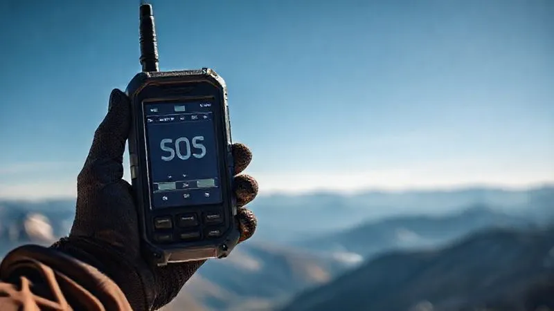 A close-up, photorealistic shot of a rugged satellite messenger device displaying an SOS signal, held in a gloved hand against a blurred background of a vast, remote mountain landscape under a clear sky. Cinematic lighting, sharp focus on the device, depth of field, 8K hyper-detailed, shot on a high-end DSLR.