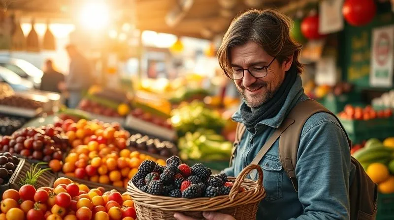 A photorealistic, professional photography, 8K, cinematic lighting, sharp focus, depth of field image of a vibrant, overflowing farmer's market stall, bathed in warm morning light, with a diverse array of fresh, colorful produce. In the foreground, a curious traveler is examining a basket of berries, with a genuine smile of discovery, hinting at the joy of authentic local sourcing. Shot on a high-end DSLR.