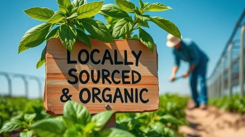A photorealistic, professional photography, 8K, cinematic lighting, sharp focus, depth of field image of a small, rustic wooden sign with hand-painted text "Locally Sourced & Organic" partially obscured by vibrant green basil leaves. In the background, a farmer is tending to rows of fresh herbs under a clear blue sky, emphasizing the direct connection and transparency. Shot on a high-end DSLR.