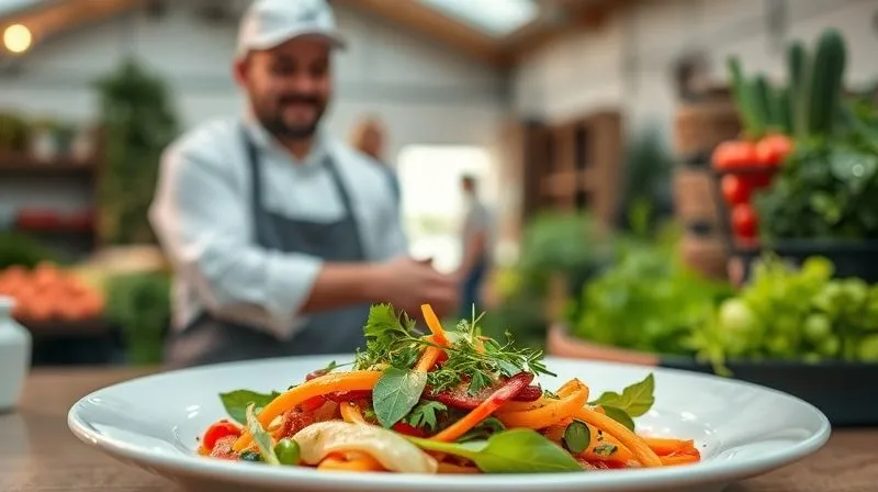 A photorealistic, professional photography, 8K, cinematic lighting, sharp focus, depth of field image of a vibrant, colorful plate of food, artfully arranged, with visible fresh herbs and vegetables. In the background, slightly blurred, a chef is smiling and interacting with a farmer, shaking hands, suggesting a direct, trust-based relationship. Shot on a high-end DSLR.