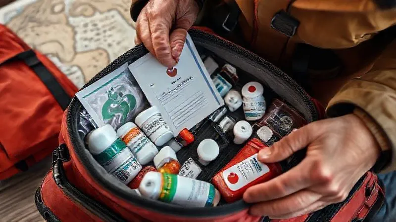 Photorealistic image of a traveler meticulously organizing various prescription medications and a small, well-stocked first-aid kit into a waterproof carry-on bag, with a 'Fit to Travel' doctor's note visible. The background subtly suggests an Arctic travel theme with a map and a warm jacket. Professional photography, 8K, cinematic lighting, sharp focus, depth of field, shot on a high-end DSLR.
