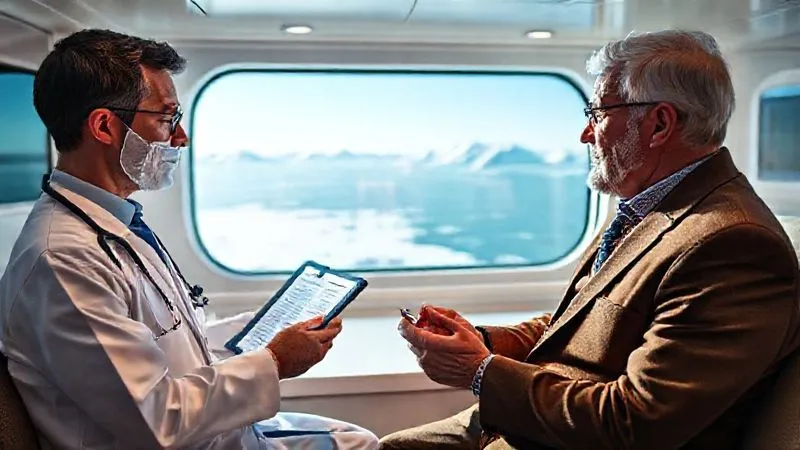 Photorealistic image of a ship's doctor in a clean, modern medical bay, reviewing a patient's medical chart on a tablet while discussing medication management with a mature, well-dressed passenger. Through a large window, a pristine Arctic landscape is visible. Professional photography, 8K, cinematic lighting, sharp focus, depth of field, shot on a high-end DSLR.