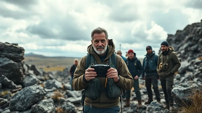 A photorealistic, professional photography, 8K, cinematic lighting, sharp focus, depth of field shot on a high-end DSLR of an expedition leader, calm and focused, with a concerned but attentive team gathered around them in a rugged, remote landscape. The leader is holding a non-functional comms device, but their demeanor conveys control and a clear plan. Dramatic, natural light. A photorealistic, professional photography, 8K, cinematic lighting, sharp focus, depth of field shot on a high-end DSLR of an expedition leader, calm and focused, with a concerned but attentive team gathered around them in a rugged, remote landscape. The leader is holding a non-functional comms device, but their demeanor conveys control and a clear plan. Dramatic, natural light.