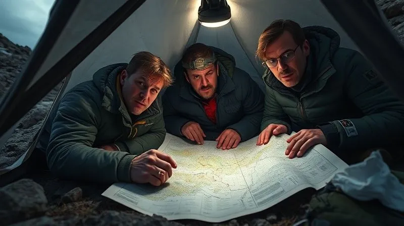 A photorealistic, professional photography, 8K, cinematic lighting, sharp focus, depth of field shot on a high-end DSLR of an expedition team huddled together in a tent or around a map in a remote, rugged environment. Their faces show determination and collaboration, despite the challenging circumstances, conveying a sense of shared purpose and resilience. Soft, warm light from a headlamp illuminates their faces. A photorealistic, professional photography, 8K, cinematic lighting, sharp focus, depth of field shot on a high-end DSLR of an expedition team huddled together in a tent or around a map in a remote, rugged environment. Their faces show determination and collaboration, despite the challenging circumstances, conveying a sense of shared purpose and resilience. Soft, warm light from a headlamp illuminates their faces.