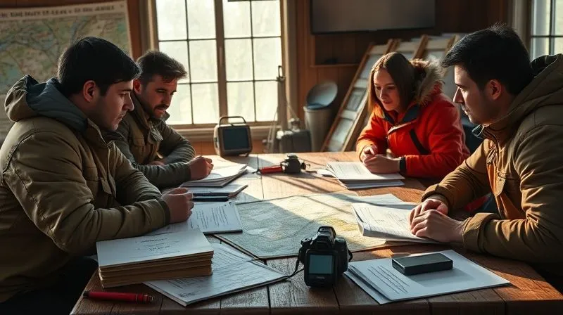 A photorealistic, professional photography, 8K, cinematic lighting, sharp focus, depth of field shot on a high-end DSLR of an expedition team gathered around a table in a debriefing session, reviewing maps and communication logs. The atmosphere is reflective and analytical, with a sense of learning and improvement. Soft, natural light. A photorealistic, professional photography, 8K, cinematic lighting, sharp focus, depth of field shot on a high-end DSLR of an expedition team gathered around a table in a debriefing session, reviewing maps and communication logs. The atmosphere is reflective and analytical, with a sense of learning and improvement. Soft, natural light.