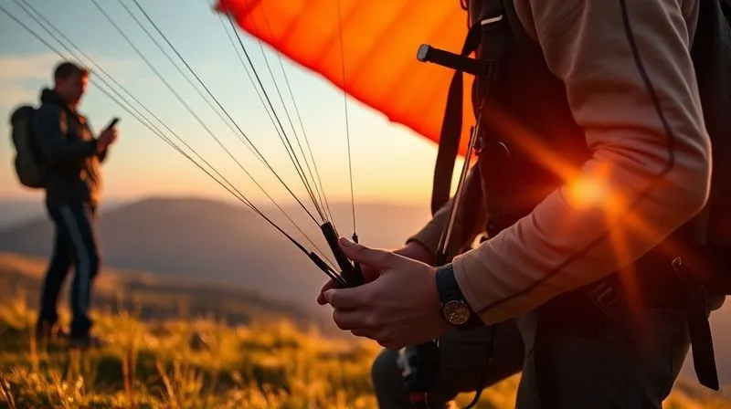 Photorealistic image of a person meticulously checking their paragliding equipment on a grassy hill, with a certified instructor providing guidance in the background. The sun is setting, casting warm, cinematic light. Sharp focus on the gear and the person's hands, depth of field blurring the distant mountain landscape, 8K hyper-detailed. Photorealistic image of a person meticulously checking their paragliding equipment on a grassy hill, with a certified instructor providing guidance in the background. The sun is setting, casting warm, cinematic light. Sharp focus on the gear and the person's hands, depth of field blurring the distant mountain landscape, 8K hyper-detailed.