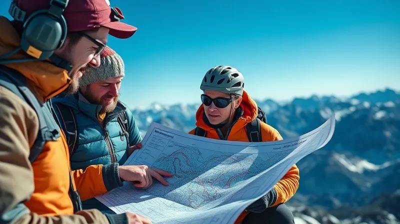 Photorealistic image of a small team of mountain climbers huddled together, studying a detailed topographical map and discussing a route, with a clear blue sky and rugged peaks in the background. One climber points to a specific feature on the map, emphasizing communication and planning. Cinematic lighting, sharp focus on the map and faces, depth of field blurring the distant landscape, 8K hyper-detailed. Photorealistic image of a small team of mountain climbers huddled together, studying a detailed topographical map and discussing a route, with a clear blue sky and rugged peaks in the background. One climber points to a specific feature on the map, emphasizing communication and planning. Cinematic lighting, sharp focus on the map and faces, depth of field blurring the distant landscape, 8K hyper-detailed.