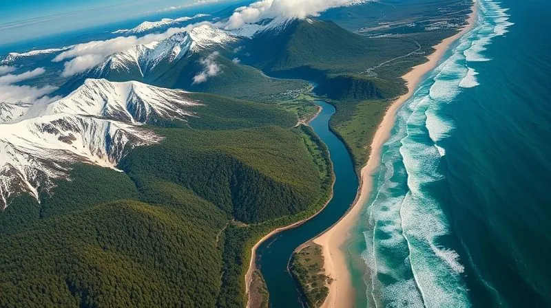 Photorealistic, professional photography, 8K, cinematic lighting, sharp focus, depth of field, shot on a high-end DSLR, a vibrant aerial shot of diverse landscapes blending seamlessly: snow-capped mountains meeting lush green forests, which then transition into a winding river and eventually a pristine coastline with crashing waves. The image captures the immense variety of environments suitable for different extreme sports, symbolizing global adventure opportunities. Photorealistic, professional photography, 8K, cinematic lighting, sharp focus, depth of field, shot on a high-end DSLR, a vibrant aerial shot of diverse landscapes blending seamlessly: snow-capped mountains meeting lush green forests, which then transition into a winding river and eventually a pristine coastline with crashing waves. The image captures the immense variety of environments suitable for different extreme sports, symbolizing global adventure opportunities.