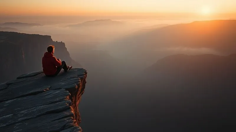 A photorealistic image of a lone traveler sitting on a cliff edge overlooking a vast, misty valley at dawn, embodying deep introspection and self-reliance, 8K, cinematic lighting, sharp focus, depth of field, shot on a high-end DSLR.