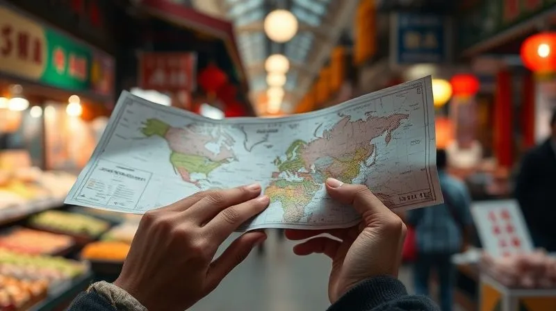 A photorealistic close-up of a traveler's hands confidently navigating a complex paper map, with a blurred background of a bustling foreign market, symbolizing problem-solving and self-reliance, 8K, cinematic lighting, sharp focus, depth of field, shot on a high-end DSLR.