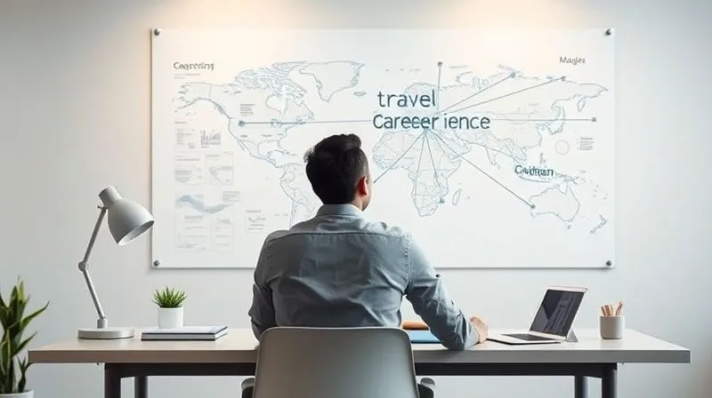 A photorealistic image of a person sitting at a modern, minimalist desk, looking intently at a whiteboard filled with interconnected ideas and a world map, symbolizing the integration of travel experiences into strategic career planning, 8K, cinematic lighting, sharp focus, depth of field, shot on a high-end DSLR.