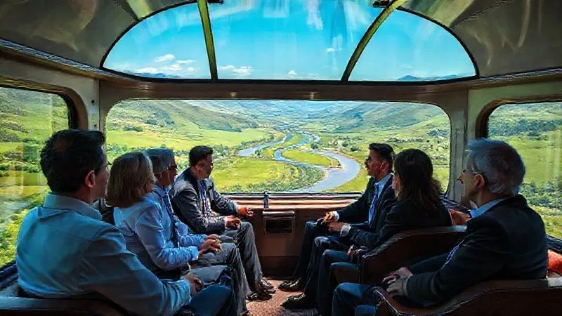 A photorealistic image of a group of diverse executives in a spacious, elegantly appointed private train car, engaged in a lively discussion. Large panoramic windows showcase a stunning, vibrant green valley with a winding river under a clear blue sky. Professional photography, 8K, cinematic lighting, sharp focus on the executives, depth of field blurring the distant landscape. Shot on a high-end DSLR. A photorealistic image of a group of diverse executives in a spacious, elegantly appointed private train car, engaged in a lively discussion. Large panoramic windows showcase a stunning, vibrant green valley with a winding river under a clear blue sky. Professional photography, 8K, cinematic lighting, sharp focus on the executives, depth of field blurring the distant landscape. Shot on a high-end DSLR.
