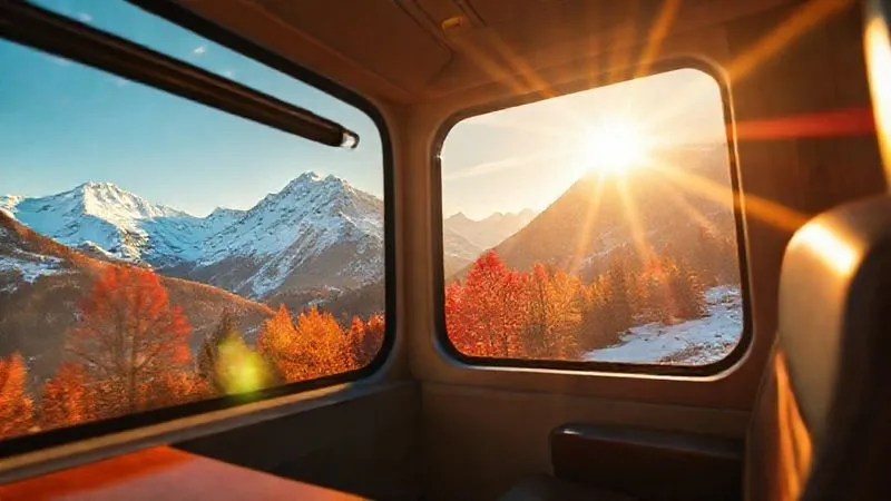 A photorealistic image from inside a luxury train, looking out a large, clean window at a breathtaking view of the Swiss Alps in autumn. Golden sunlight illuminates snow-capped peaks, vibrant red and orange trees, and a clear blue sky. The interior shows a glimpse of a plush leather seat and a polished wooden table. Professional photography, 8K, cinematic lighting, sharp focus on the mountain range, depth of field blurring the immediate window frame. Shot on a high-end DSLR. A photorealistic image from inside a luxury train, looking out a large, clean window at a breathtaking view of the Swiss Alps in autumn. Golden sunlight illuminates snow-capped peaks, vibrant red and orange trees, and a clear blue sky. The interior shows a glimpse of a plush leather seat and a polished wooden table. Professional photography, 8K, cinematic lighting, sharp focus on the mountain range, depth of field blurring the immediate window frame. Shot on a high-end DSLR.