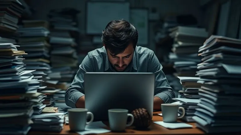A photorealistic, professional photography, 8K, cinematic lighting, sharp focus, depth of field, shot on a high-end DSLR of a person sitting hunched over a laptop in a dimly lit, cluttered office, surrounded by stacks of papers and empty coffee cups, face obscured by shadow, conveying deep exhaustion and professional burnout. The scene is heavy with a sense of overwhelm. A photorealistic, professional photography, 8K, cinematic lighting, sharp focus, depth of field, shot on a high-end DSLR of a person sitting hunched over a laptop in a dimly lit, cluttered office, surrounded by stacks of papers and empty coffee cups, face obscured by shadow, conveying deep exhaustion and professional burnout. The scene is heavy with a sense of overwhelm.