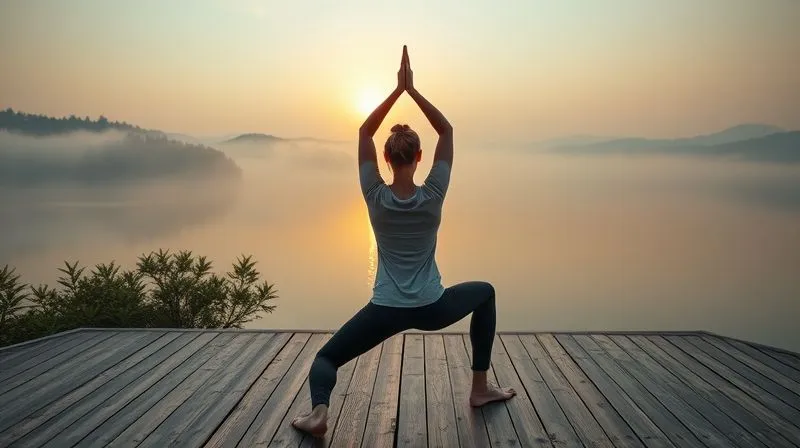 A photorealistic, professional photography, 8K, cinematic lighting, sharp focus, depth of field, shot on a high-end DSLR of a person practicing a gentle yoga pose on a wooden deck overlooking a tranquil, misty lake at sunrise. The air is still, and the only sound is the chirping of birds. The scene evokes profound serenity and mindful movement in nature. A photorealistic, professional photography, 8K, cinematic lighting, sharp focus, depth of field, shot on a high-end DSLR of a person practicing a gentle yoga pose on a wooden deck overlooking a tranquil, misty lake at sunrise. The air is still, and the only sound is the chirping of birds. The scene evokes profound serenity and mindful movement in nature.
