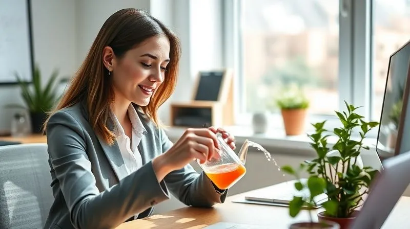 A photorealistic, professional photography, 8K, cinematic lighting, sharp focus, depth of field, shot on a high-end DSLR of a professional woman, looking refreshed and calm, gently watering a small potted plant on her desk in a sunlit home office. The scene conveys a sense of peaceful reintegration and sustained well-being after a period of rejuvenation. A photorealistic, professional photography, 8K, cinematic lighting, sharp focus, depth of field, shot on a high-end DSLR of a professional woman, looking refreshed and calm, gently watering a small potted plant on her desk in a sunlit home office. The scene conveys a sense of peaceful reintegration and sustained well-being after a period of rejuvenation.
