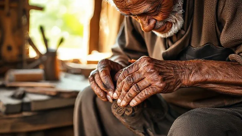 A photorealistic, professional photography shot of an elderly indigenous artisan in a sunlit workshop, with weathered hands meticulously carving intricate patterns into wood. The background shows traditional tools and other unfinished crafts. 8K, cinematic lighting, sharp focus on the hands and carving, depth of field, shot on a high-end DSLR, conveying wisdom and dedication. A photorealistic, professional photography shot of an elderly indigenous artisan in a sunlit workshop, with weathered hands meticulously carving intricate patterns into wood. The background shows traditional tools and other unfinished crafts. 8K, cinematic lighting, sharp focus on the hands and carving, depth of field, shot on a high-end DSLR, conveying wisdom and dedication.