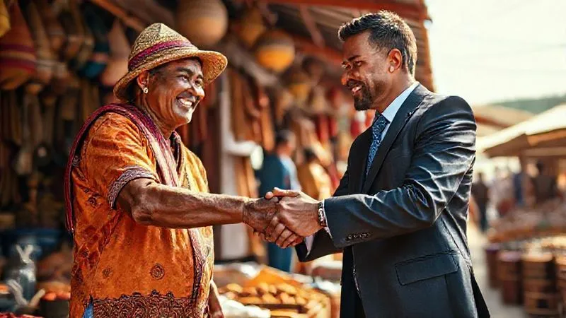 A photorealistic image of a warm, genuine handshake between a smiling local artisan in traditional attire and a professional-looking cultural travel firm representative, set against the backdrop of a vibrant, sunlit local marketplace. Sharp focus on the hands and faces, depth of field, 8K, cinematic lighting, shot on a high-end DSLR, conveying trust and partnership. A photorealistic image of a warm, genuine handshake between a smiling local artisan in traditional attire and a professional-looking cultural travel firm representative, set against the backdrop of a vibrant, sunlit local marketplace. Sharp focus on the hands and faces, depth of field, 8K, cinematic lighting, shot on a high-end DSLR, conveying trust and partnership.