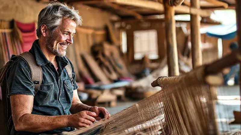 A photorealistic, professional photography shot of a curious traveler, smiling and engaged, observing a local artisan demonstrating a traditional weaving technique in a vibrant, open-air workshop. The traveler is respectfully listening, and the artisan is making eye contact. 8K, cinematic lighting, sharp focus on the interaction, depth of field, shot on a high-end DSLR, conveying genuine cultural exchange and learning. A photorealistic, professional photography shot of a curious traveler, smiling and engaged, observing a local artisan demonstrating a traditional weaving technique in a vibrant, open-air workshop. The traveler is respectfully listening, and the artisan is making eye contact. 8K, cinematic lighting, sharp focus on the interaction, depth of field, shot on a high-end DSLR, conveying genuine cultural exchange and learning.