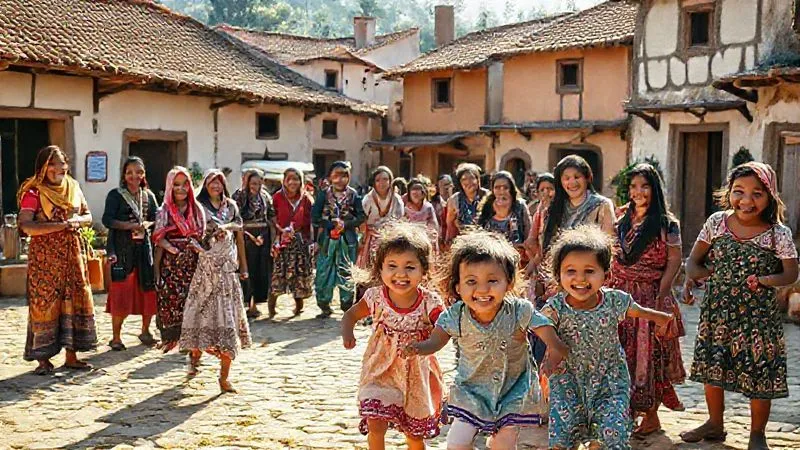 A photorealistic, professional photography shot of a diverse group of local community members (including artisans and their families) gathered happily in a vibrant, well-maintained village square, with children playing in the foreground and traditional buildings in the background. The scene is bathed in warm, natural light, conveying a sense of prosperity, community, and well-being. 8K, cinematic lighting, sharp focus on the joyous faces, depth of field, shot on a high-end DSLR, symbolizing positive impact and sustainable development. A photorealistic, professional photography shot of a diverse group of local community members (including artisans and their families) gathered happily in a vibrant, well-maintained village square, with children playing in the foreground and traditional buildings in the background. The scene is bathed in warm, natural light, conveying a sense of prosperity, community, and well-being. 8K, cinematic lighting, sharp focus on the joyous faces, depth of field, shot on a high-end DSLR, symbolizing positive impact and sustainable development.